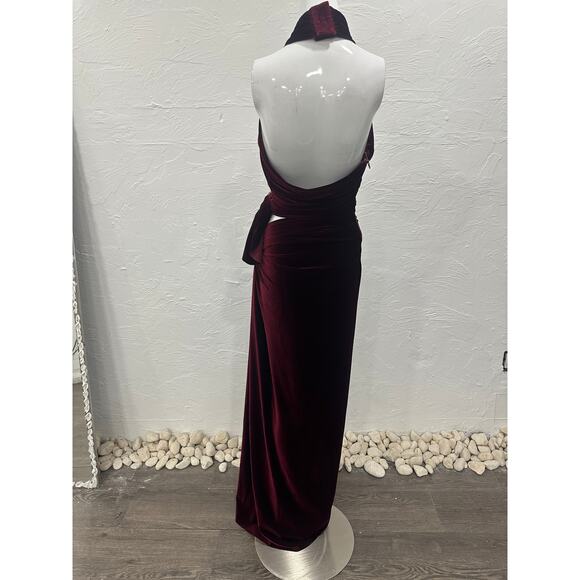 Bronx and Banco Velvet Cleopatra Wrap Maxi Dress Burgundy Women's Size 4 - Picture 4 of 7